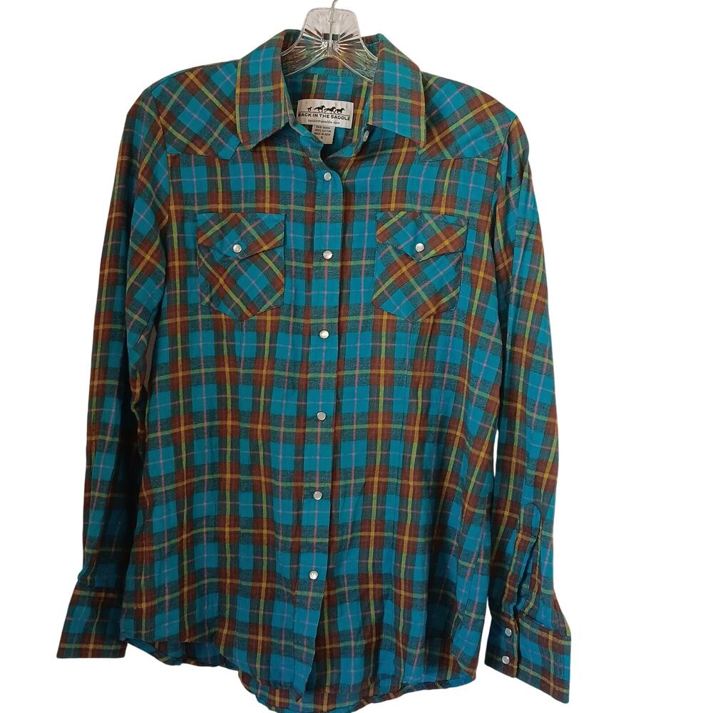 Back In the Saddle Flannel Shirt Women's Size Small Plaid Pearl Snaps Western
